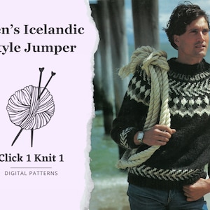 Può includere: Un maglione di stile islandese bianco e nero con una corda drappeggiata sulla spalla. Il maglione ha un motivo geometrico tradizionale. Il testo "Men's Icelandic Style Jumper" e "Click 1 Knit 1" è visibile nell'immagine.