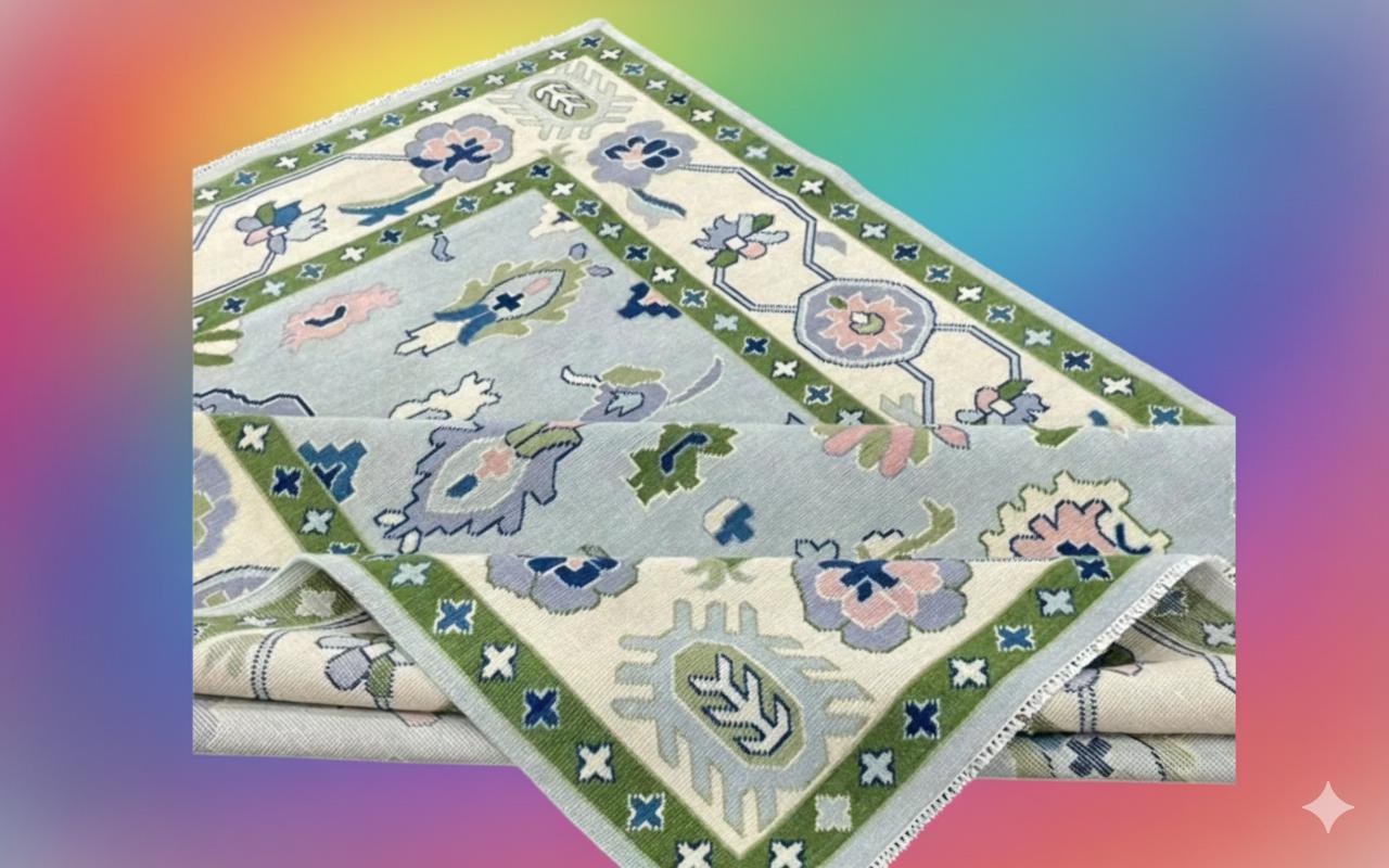 Handmade Wool Oushak Rug, Light Green Floral Medallion, Bhadohi Carpet ...