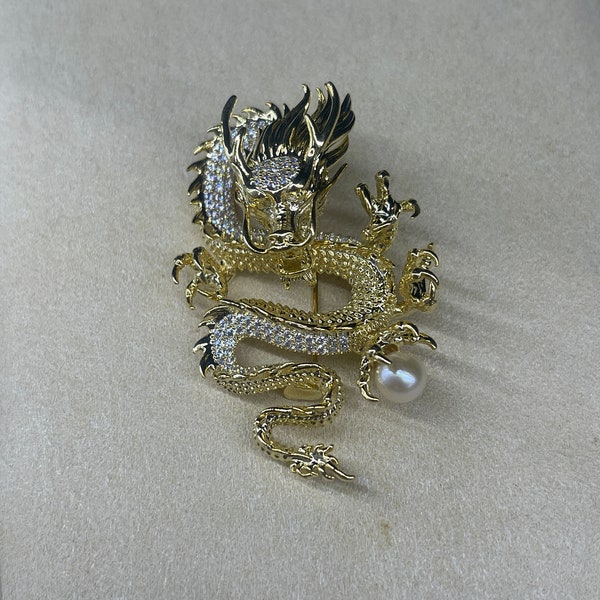 Majestic Dragon Brooch with Freshwater Pearl - Elegant Alloy Accessory