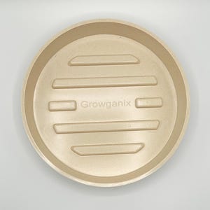 Puede incluir: Un platillo redondo de plástico beige con crestas elevadas y el texto "Growganix" impreso en la parte inferior. El platillo está diseñado para recoger el exceso de agua de las plantas en maceta.