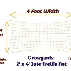 May include: A 2 foot tall by 4 foot wide jute trellis net with 4 inch mesh. The net is made of natural jute and is designed to support climbing plants. It weighs 2 ounces.