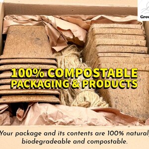 May include: A box filled with brown, biodegradable, and compostable plant pots. The box is labeled "100% Compostable Packaging & Products" and "Growganix". The text "Your package and its contents are 100% natural, biodegradable and compostable." is at the bottom of the image.