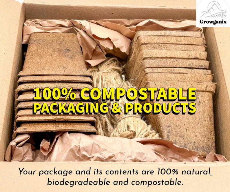 May include: A box filled with brown, biodegradable, and compostable plant pots. The box is labeled "100% Compostable Packaging & Products" and "Growganix". The text "Your package and its contents are 100% natural, biodegradable and compostable." is at the bottom of the image.