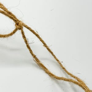 May include: Close-up of a brown, natural fiber rope tied in a knot.