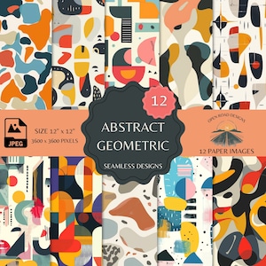 May include: Twelve digital paper designs featuring abstract geometric patterns in a variety of colors, including red, yellow, blue, green, and black. The designs are seamless and can be used for a variety of projects, such as scrapbooking, card making, and digital art.