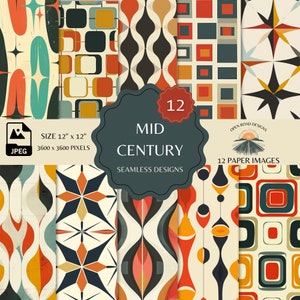May include: Twelve digital paper designs in a mid-century modern style. The designs feature geometric shapes, stars, and abstract patterns in shades of orange, red, yellow, blue, and green. The papers are 12 inches by 12 inches and 3600 pixels by 3600 pixels.