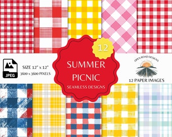 Summer Picnic Seamless Patterns - 12 Digital Download JPEGs - Gingham and Plaid Picnic Patterns - Red, Blue, Yellow Picnic Design Elements