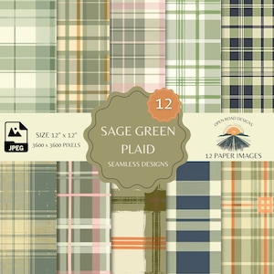 May include: Twelve digital paper designs featuring sage green plaid patterns. Each design is 12 inches by 12 inches and 3600 pixels by 3600 pixels. The designs are seamless and can be used for a variety of projects.
