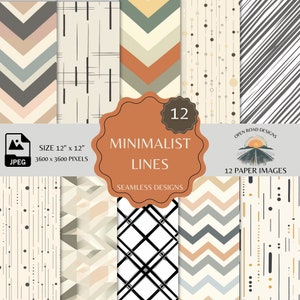 May include: A collection of 12 seamless minimalist line designs in various patterns, including chevrons, vertical lines, and geometric shapes. The designs are in neutral colors like beige, gray, and brown. Each image is 12 inches by 12 inches.