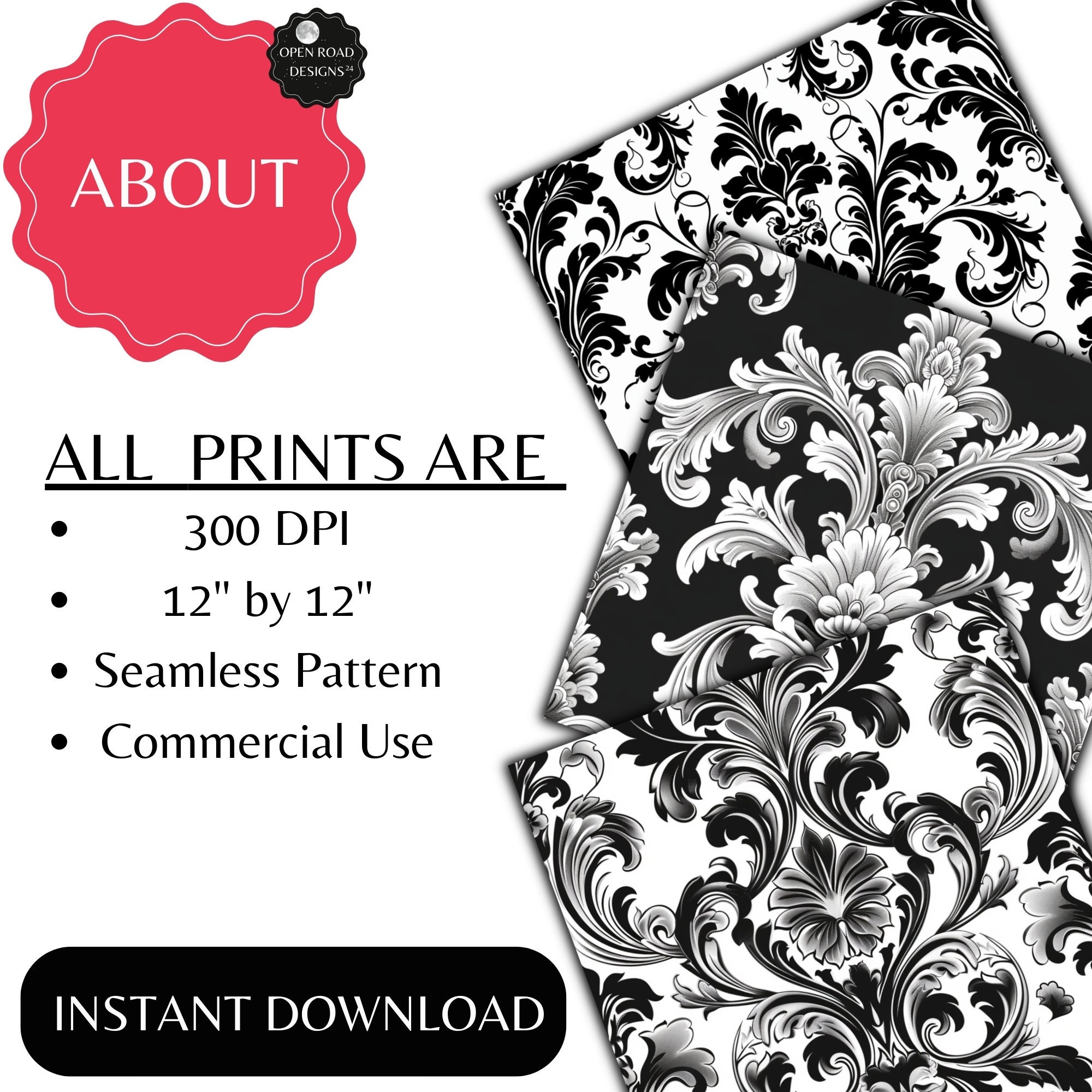 Black and White Damask Seamless Pattern | Digital Paper and Prints for ...