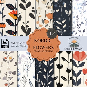 May include: A set of 12 digital paper designs featuring Scandinavian-inspired floral patterns. The patterns are seamless and come in a variety of colors, including black, white, orange, and blue. Each design is 12 inches by 12 inches and 3600 pixels by 3600 pixels.