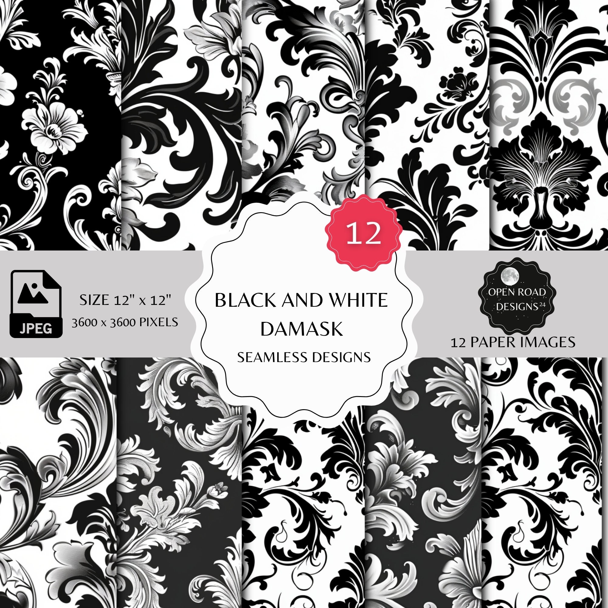 Black and White Damask Seamless Pattern | Digital Paper and Prints for ...