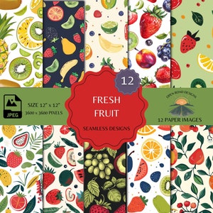 Puede incluir: Doce diseños digitales de papel con patrones sin costuras de varias frutas, incluyendo fresas, kiwi, plátanos, uvas, sandía y limones. Cada diseño mide 12 pulgadas por 12 pulgadas y 3600 píxeles por 3600 píxeles.