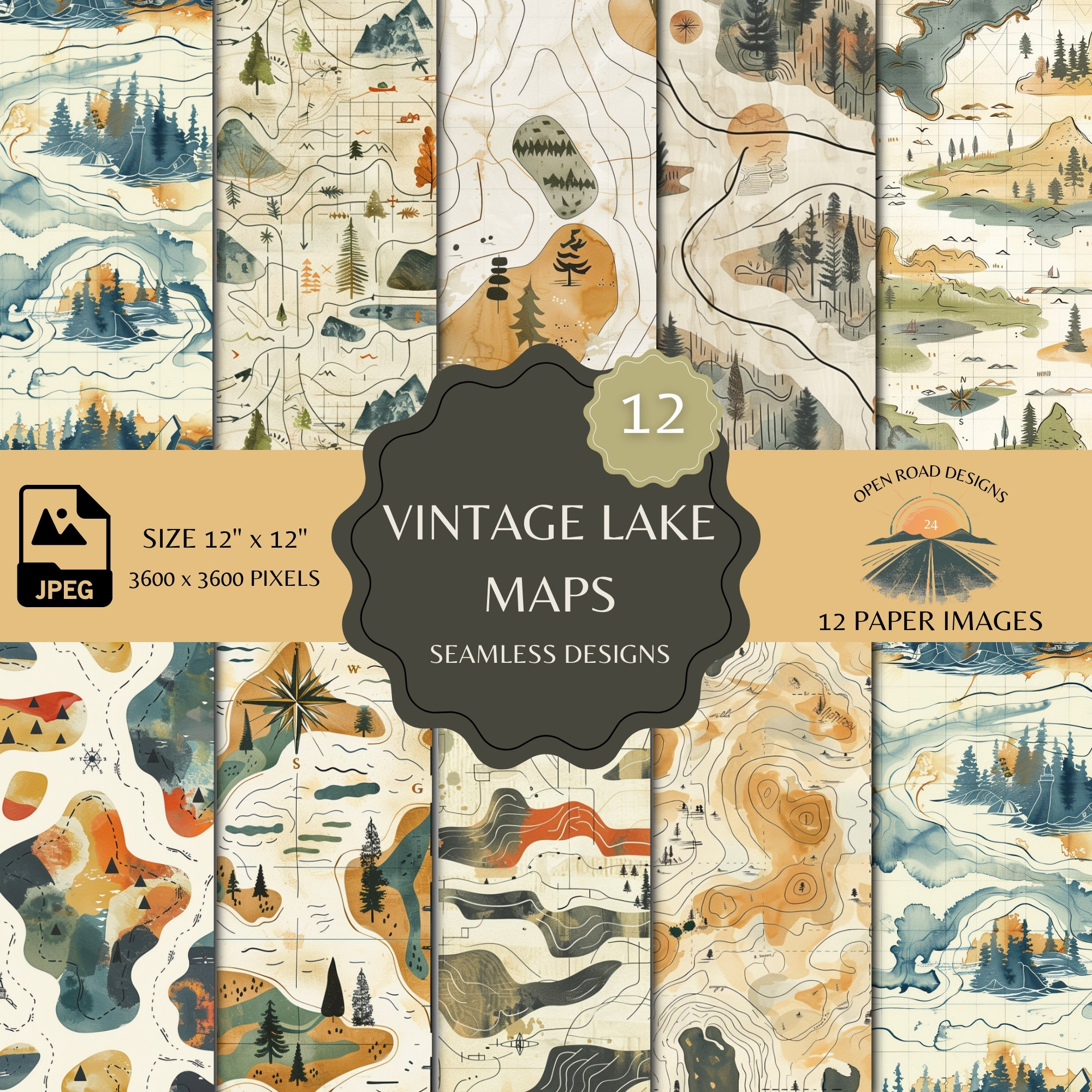Vintage Lake Map Seamless Pattern Collection | Instant Download | Digital Paper & Fabric | Summer Cottage Decor