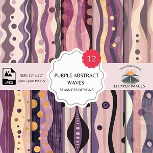 Puede incluir: Doce diseños de papel digital con ondas abstractas en morado, rosa y dorado. Cada diseño mide 12 pulgadas por 12 pulgadas y 3600 píxeles por 3600 píxeles.