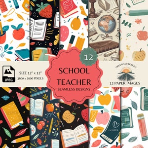 Patrón sin costuras para maestros de escuela / Aprendizaje en color: Colección de patrones vibrantes para maestros y elementos esenciales de la escuela / Patrones digitales sin costuras