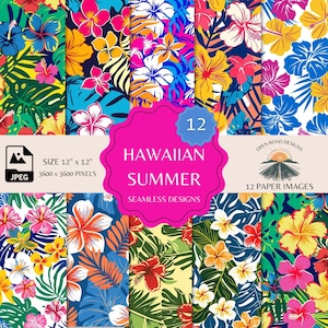 Hawaiian Summer Seamless Patterns - 12 Digital Download JPEGs - Tropical Floral Design Elements - Bright and Bold Hawaiian Patterns