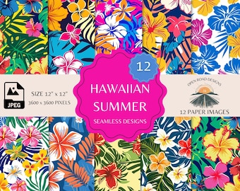Hawaiian Summer Seamless Patterns - 12 Digital Download JPEGs - Tropical Floral Design Elements - Bright and Bold Hawaiian Patterns