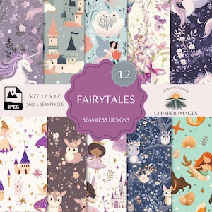 Märchenhafte nahtlose Muster für kleine Mädchen | Einhörner, Prinzessinnen und Meerjungfrauen Designs | Digitaler Download