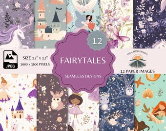 May include: A set of 12 digital paper images featuring a variety of fairytale themes. The papers include images of castles, unicorns, fairies, owls, stars, and more. The papers are seamless and can be used for scrapbooking, card making, digital design, and more. The papers are 12 inches by 12 inches and have a resolution of 3600 x 3600 pixels.