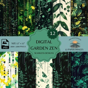 Digital Garden Zen Seamless Patterns | Seamless Digital Paper Files | Nature and Technology | Instant Download