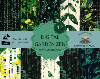 Digital Garden Zen Seamless Patterns | Seamless Digital Paper Files | Nature and Technology | Instant Download