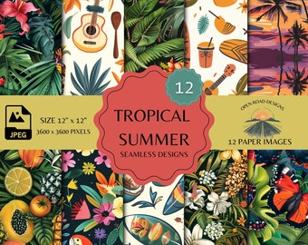 Patrones sin costuras de verano tropical / Colección de patrones de paraíso tropical vibrante / Papel digital / Descarga instantánea