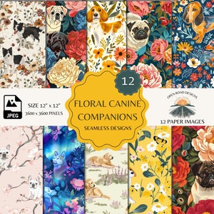 Floral Canine Companions: grillige honden- en bloemenpatrooncollectie | Direct downloaden | Digitaal papier en stof