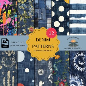 May include: A set of 12 digital seamless denim patterns, each measuring 12 inches by 12 inches, with 3600 pixels by 3600 pixels. The patterns include a variety of designs, such as floral embroidery, polka dots, tie dye, and cactus motifs. The patterns are perfect for crafting projects, scrapbooking, and digital design.