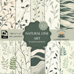 Natur inspiriert Linie Kunst nahtlose Muster-Kollektion | Minimalistische Bio-Designs in sanften Erdtönen | Digitaler Download