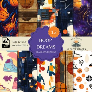 May include: A set of 12 digital paper designs featuring basketball themes. The designs include basketballs, players, hoops, sneakers, and other basketball-related imagery. The papers are seamless and can be used for scrapbooking, card making, and other craft projects. The papers are 30.48 cm by 30.48 cm and have a resolution of 3600 pixels by 3600 pixels.
