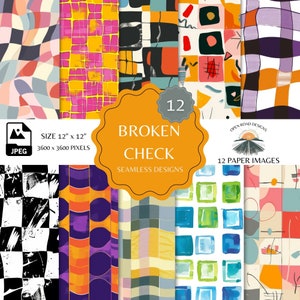 May include: Twelve digital paper designs featuring abstract geometric patterns in various colors, including black, white, yellow, orange, pink, blue, and green. The papers are 12 inches by 12 inches and 3600 pixels by 3600 pixels. The title "Broken Check Seamless Designs" is displayed on the image.