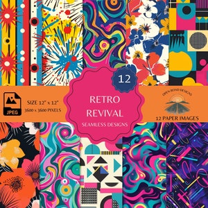 Padrões sem emenda de renascimento retrô - estética vintage dos anos 80 e 90, cores ousadas, formas descoladas, download digital
