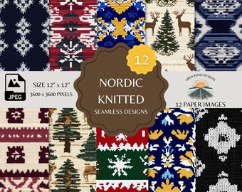 Traditional Nordic Knitted Seamless Patterns | Fair Isle Snowflakes & Reindeer Designs | Digital Download
