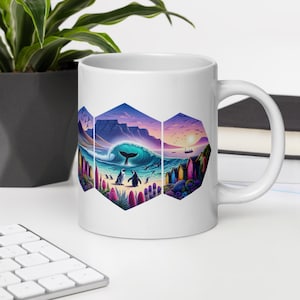 Può includere: Tazza in ceramica bianca con un'illustrazione colorata di una balena che salta, pinguini e una città. L'illustrazione è divisa in sezioni esagonali con uno schema di colori vivaci.