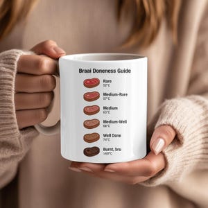 Könnte beinhalten: Weißer Keramikbecher mit einem "Braai Doneness Guide", der Garstufen von Steaks und Temperaturen in Celsius anzeigt. Der Leitfaden reicht von "Rare" bis "Burnt" (über 80°C).