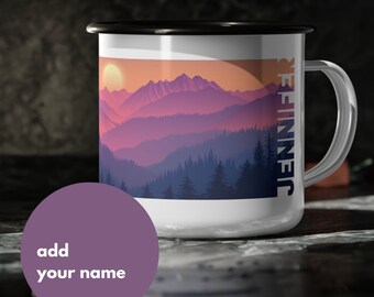 Personalized Retro Mountain Range Enamel Camp Cup - Sturdy Camper's Coffee Mug, Ideal for Campfire Evenings, Great Outdoorsman Gift