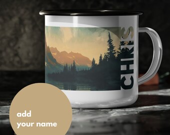 Personalized Retro Lake Enamel Camp Cup - Sturdy Camper's Coffee Mug, Ideal for Campfire Evenings, Great Outdoorsman Gift