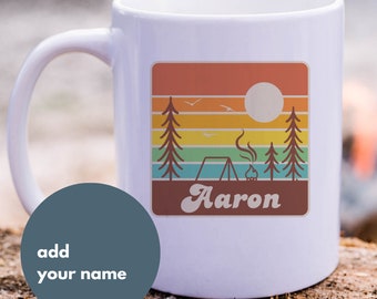 Personalisierte Retro Lagerfeuer Becher, Keramik 11 Unzen oder 15 Unzen, benutzerdefinierte Kaffeetasse, tolles Geschenk für Camper