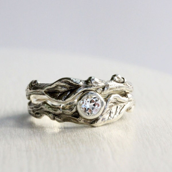 White Topaz Twig Ring Set, Leaf Ring, Silver Branch Ring,Twig Ring, Leaf Engagement Ring