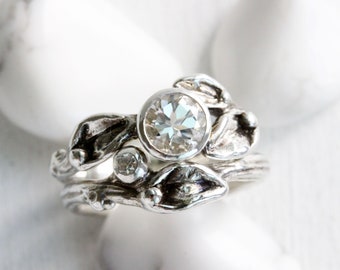 Conjunto de anillos de compromiso de topacio blanco y zafiro blanco, anillo de hoja, anillo de rama de plata, anillo de ramita, anillo de compromiso de hoja, joyería fina de la naturaleza