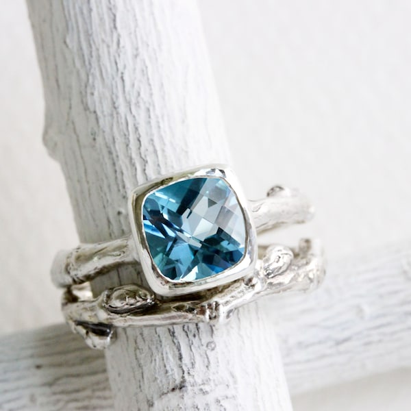Large Sky Blue Topaz Twig Ring Set, Fine Jewelry Sterling Silver, Nature Tree Rings, Square Cushion 8 x 8mm