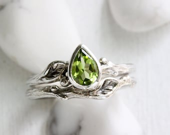 Pear Peridot Leaf Ring Twig Ring Set Fine Jewelry, Silver Branch Rings, Nature Engagement Ring, Twig Engagement Rings