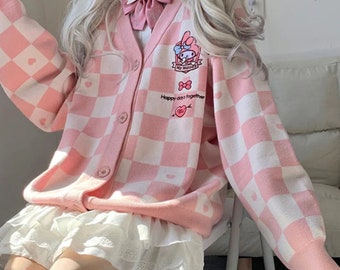 Sanrio Checkered Cardigan - Y2k, Cinnamoroll, Kawaii, Women, Kuromi, Melody, Sweater, Hello Kitty Clothes, Cute, Spring, Hoodie, Sweatshirt