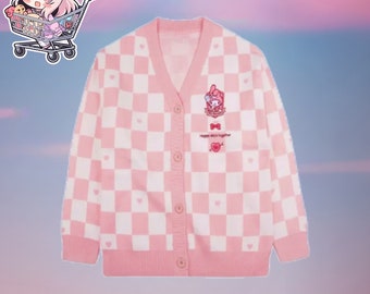 Sanrio Checkered Cardigan - Y2k, Cinnamoroll, Kawaii, Mujeres, Kuromi, Melodía, Suéter, Ropa Hello Kitty, Lindo, Primavera, Sudadera con capucha, Sudadera