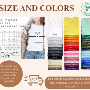 Peut inclure: Un tableau des tailles pour t-shirts adultes, avec des mesures en pouces, et une palette de couleurs avec du blanc, du jaune, du vert et d'autres teintes. L'image comprend le texte "TAILLE ET COULEURS" et "ECO FRIENDLY".