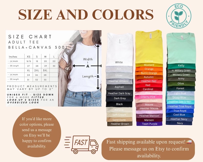 Peut inclure: Un tableau des tailles pour t-shirts adultes, avec des mesures en pouces, et une palette de couleurs avec du blanc, du jaune, du vert et d'autres teintes. L'image comprend le texte "TAILLE ET COULEURS" et "ECO FRIENDLY".