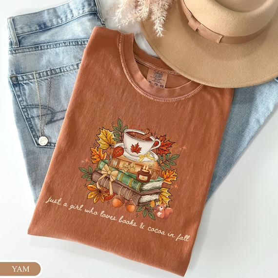 Comfort Colors® Just a Girl Who Loves Books & Cocoa in Fall Shirt,Cozy Autumn Reading Tee, Pumpkin Spice Coffee Book Lover Shirt,Season Gift