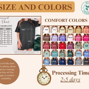 Peut inclure: Image pr&eacute;sentant un tableau des tailles pour des t-shirts surdimensionn&eacute;s, avec des mesures en pouces. Une palette de couleurs avec diverses options est &eacute;galement affich&eacute;e, ainsi qu'un logo &eacute;cologique. Le texte comprend "Comfort Colors 1717" et "Processing Time 2-5 days."