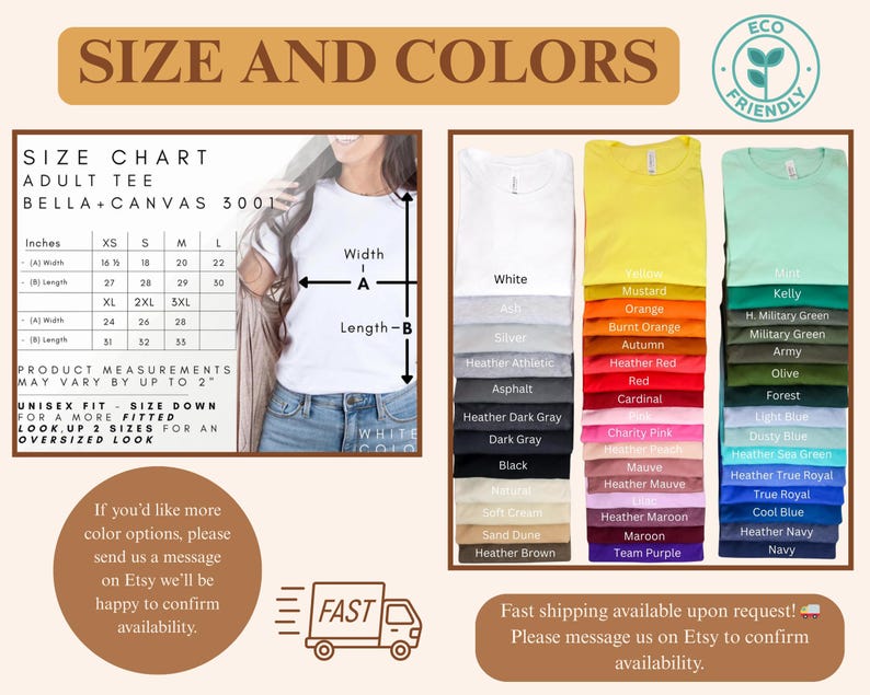 May include: A Bella+Canvas 3001 size chart for adult t-shirts, displaying width and length measurements in inches from XS to 3XL. The image includes a color palette of various t-shirt shades, including white, yellow, orange, red, pink, blue, and green.